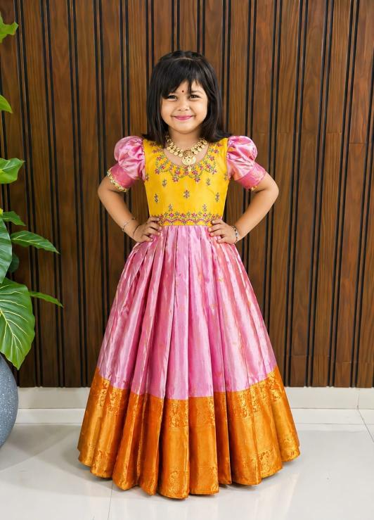 kids gown kanjivaram silk Pink Gujarat kids wear manufacturer